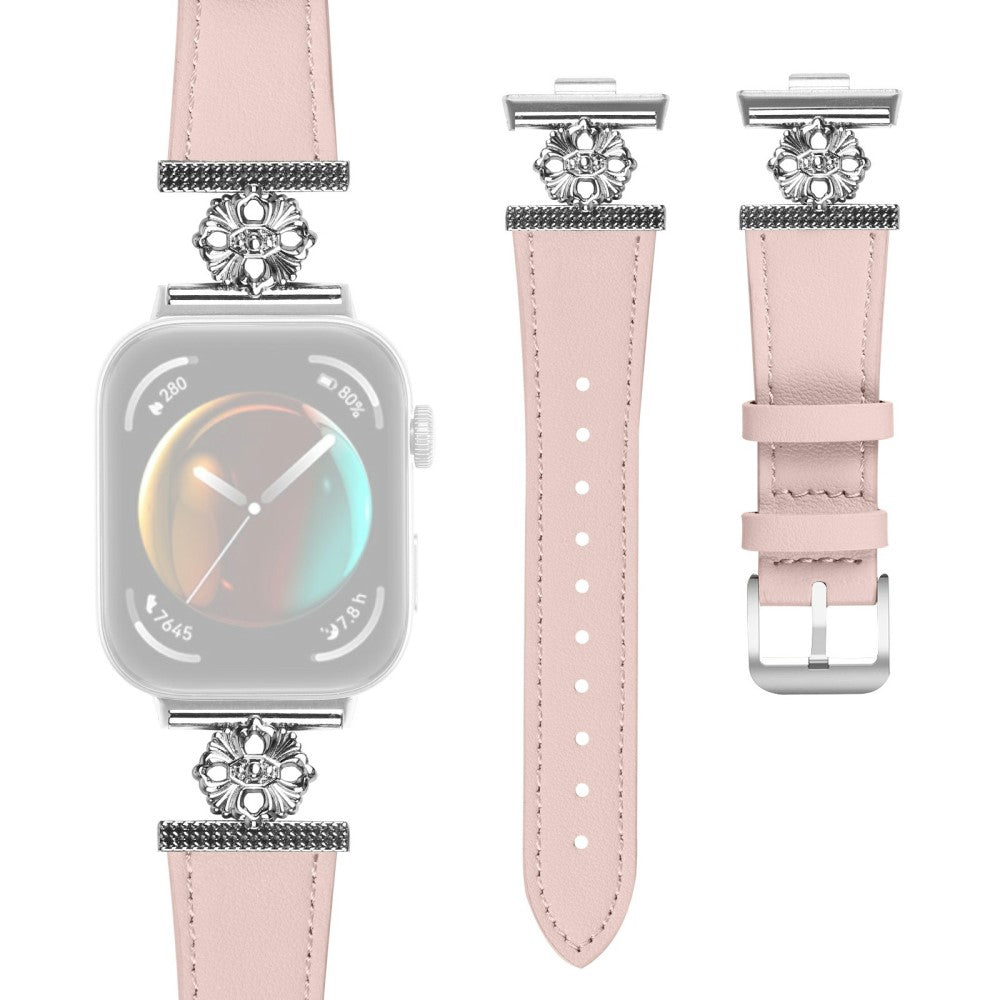 Huawei Watch Fit 3 Watch Band Genuine Cow Leather Flower Decor Adjustable Strap - Pink#serie_3