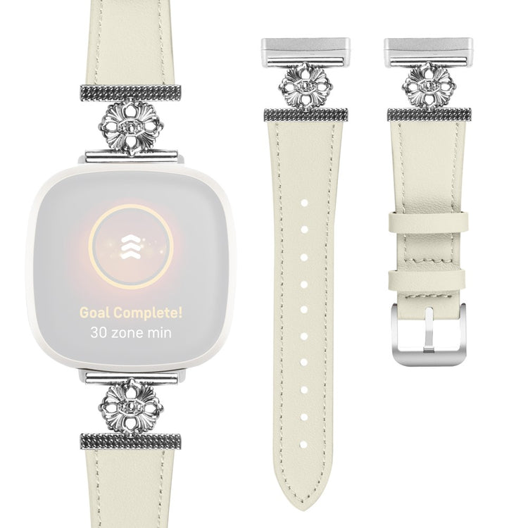 Fitbit Versa 4 / Sense 2 Watch Band Genuine Cow Leather Flower Decor Adjustable Strap - White#serie_2