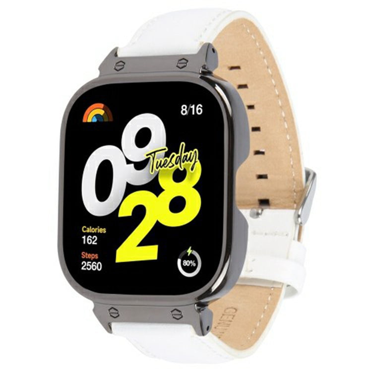 Xiaomi Redmi Watch 4 Genuine Cow Leather Replacement Strap with Black Metal Watch Case - White#serie_1