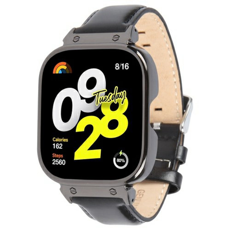 Xiaomi Redmi Watch 4 Genuine Cow Leather Replacement Strap with Black Metal Watch Case - Black#serie_2