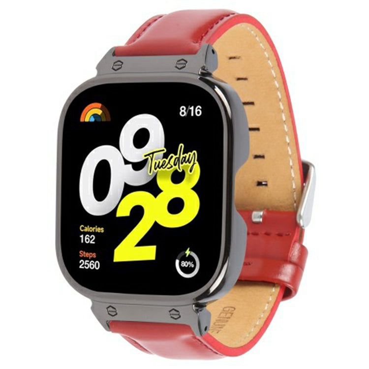 Xiaomi Redmi Watch 4 Genuine Cow Leather Replacement Strap with Black Metal Watch Case - Red#serie_3
