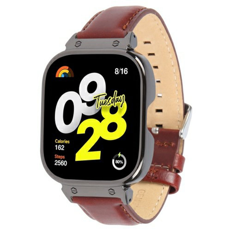 Xiaomi Redmi Watch 4 Genuine Cow Leather Replacement Strap with Black Metal Watch Case - Wine Red#serie_4
