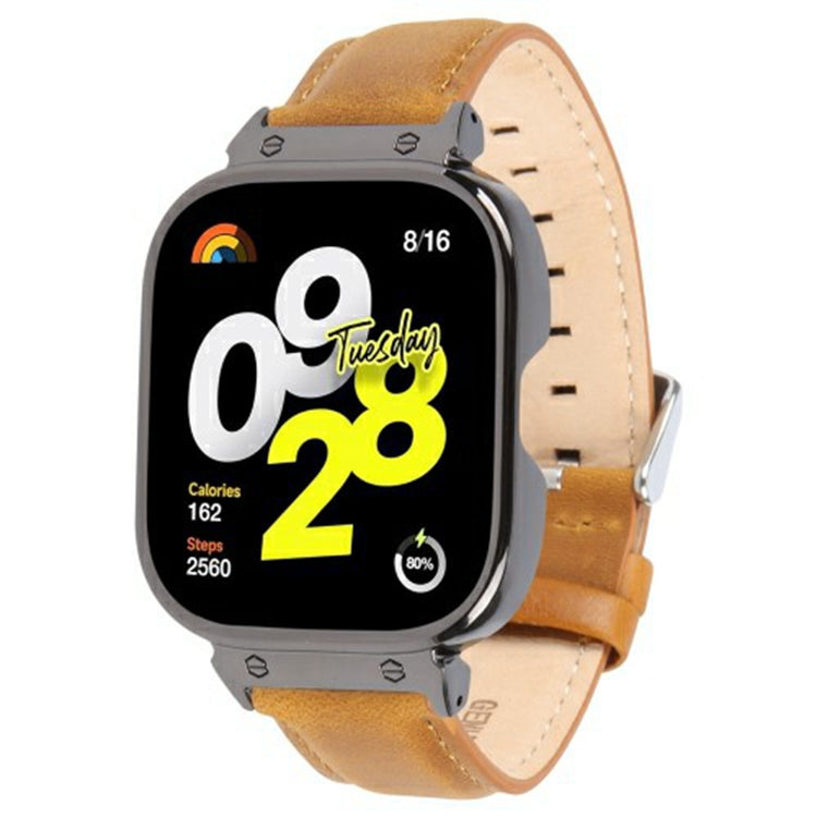 Xiaomi Redmi Watch 4 Genuine Cow Leather Replacement Strap with Black Metal Watch Case - Light Brown#serie_6