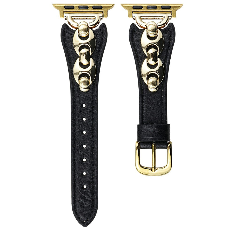 Watch Strap Apple Watch Series 10 42mm D-Shaped Metal Ring Leather Band - Black  /  Gold#serie_1
