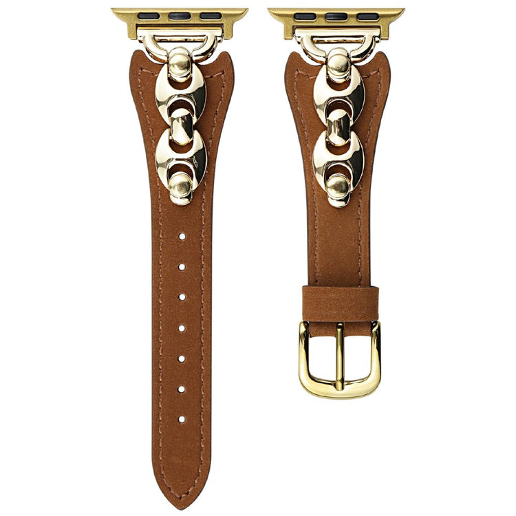 Watch Strap Apple Watch Series 10 42mm D-Shaped Metal Ring Leather Band - Brown  /  Gold#serie_2