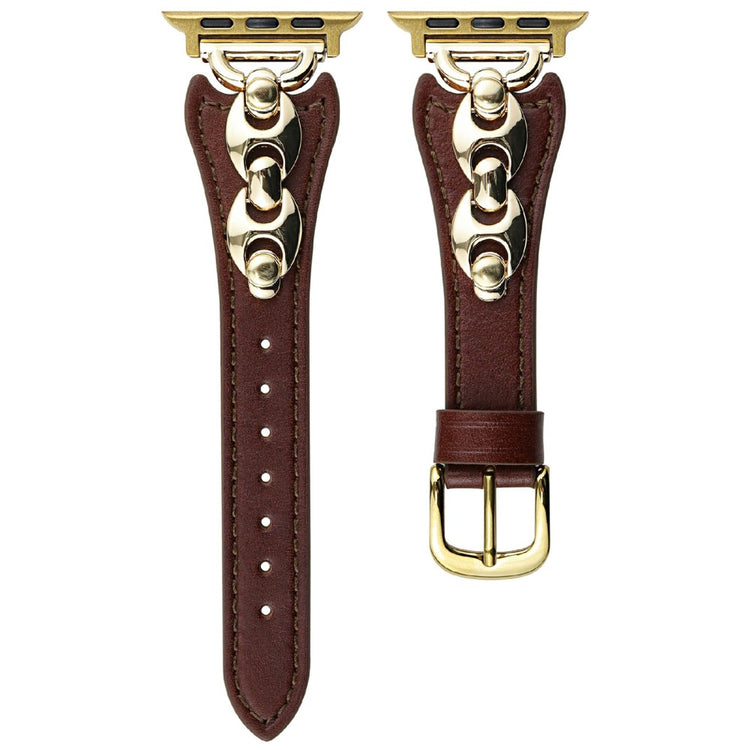 Watch Strap Apple Watch Series 10 42mm D-Shaped Metal Ring Leather Band - Dark Brown  /  Gold#serie_3