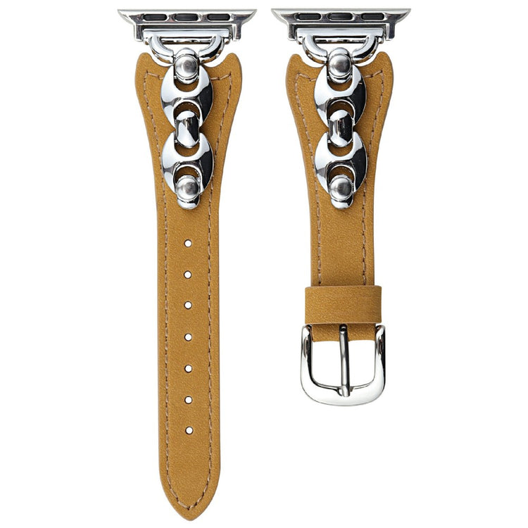 Watch Strap Apple Watch Series 10 42mm D-Shaped Metal Ring Leather Band - Light Brown  /  Silver#serie_5