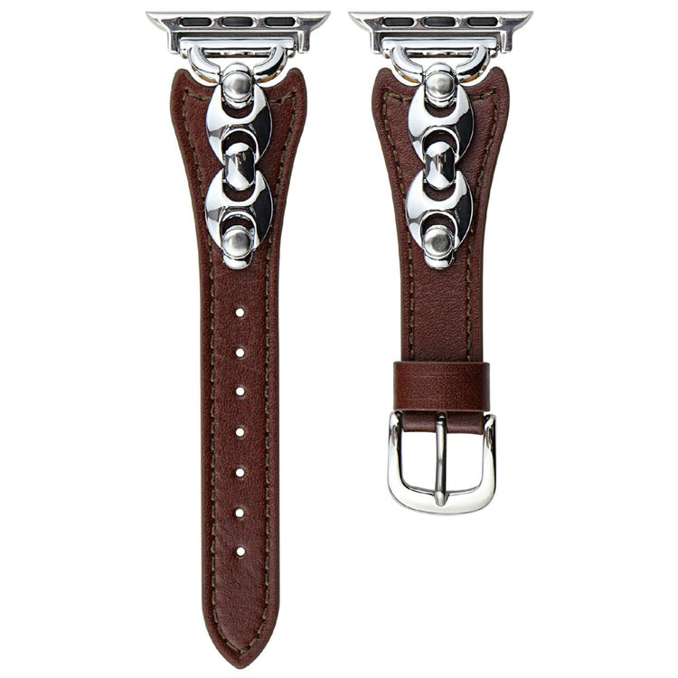 Watch Strap Apple Watch Series 10 42mm D-Shaped Metal Ring Leather Band - Dark Brown  /  Silver#serie_7