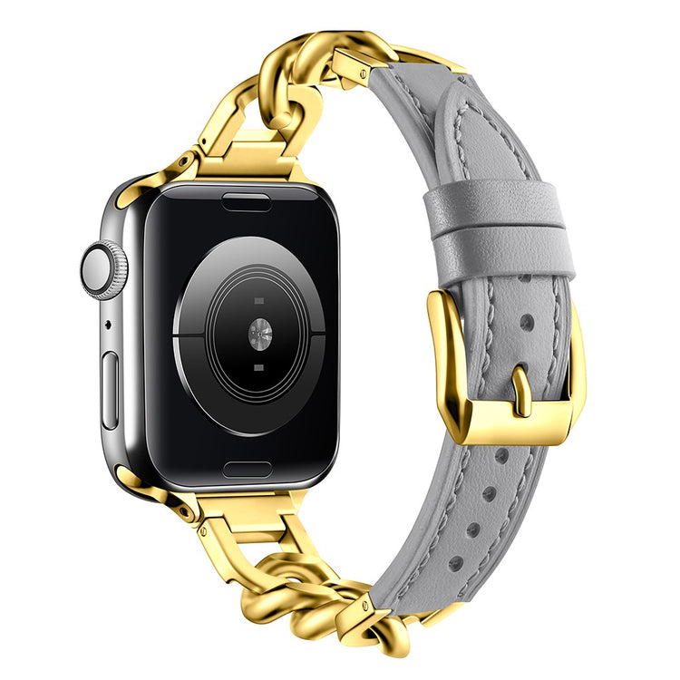 Watch Band Apple Watch Series 41mm - 40mm - 38mm Genuine Cow Leather Strap - Grey + Gold#serie_2