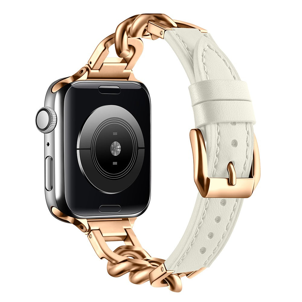 Watch Band Apple Watch Series 41mm - 40mm - 38mm Genuine Cow Leather Strap - Beige + Rose Gold#serie_6