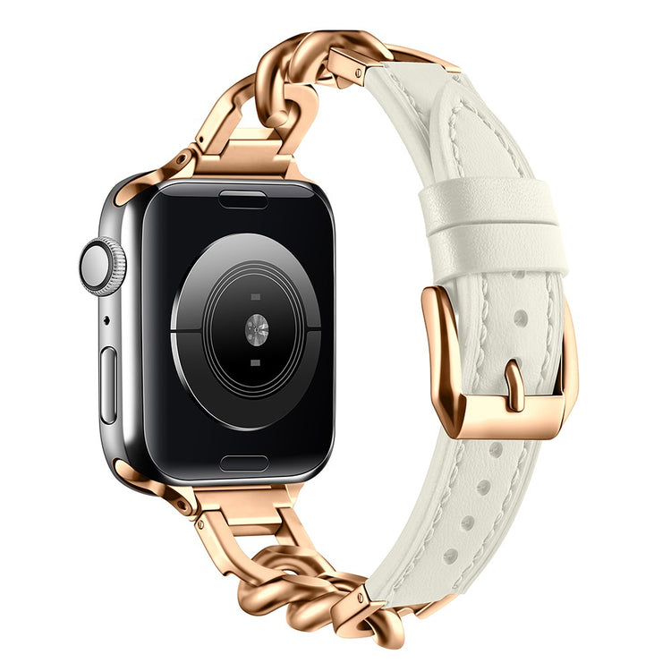 Watch Band Apple Watch Series 41mm - 40mm - 38mm Genuine Cow Leather Strap - Beige + Rose Gold#serie_6