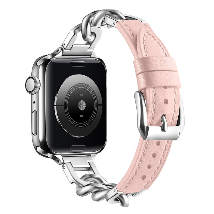 Watch Band Apple Watch Series 41mm - 40mm - 38mm Genuine Cow Leather Strap - Pink + Silver#serie_9
