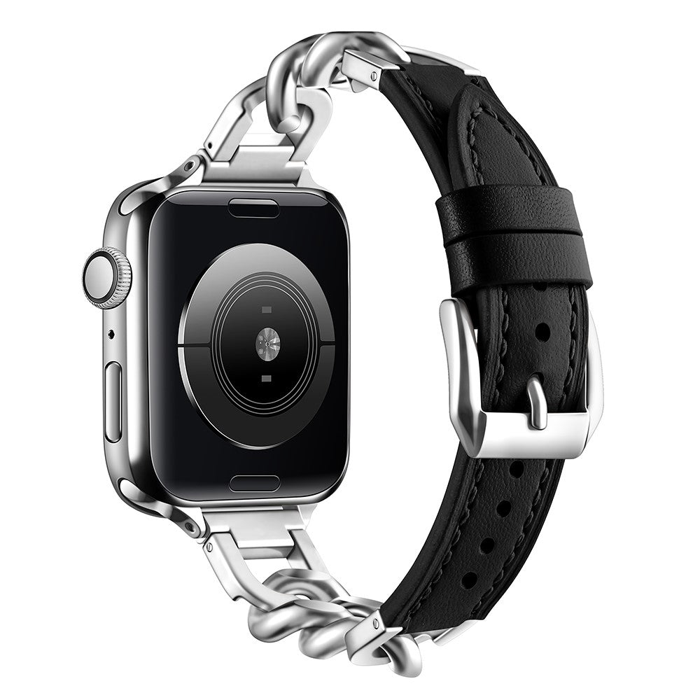 Watch Band Apple Watch Series 41mm - 40mm - 38mm Genuine Cow Leather Strap - Black + Silver#serie_11