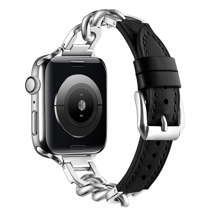 Watch Band Apple Watch Series 41mm - 40mm - 38mm Genuine Cow Leather Strap - Black + Silver#serie_11