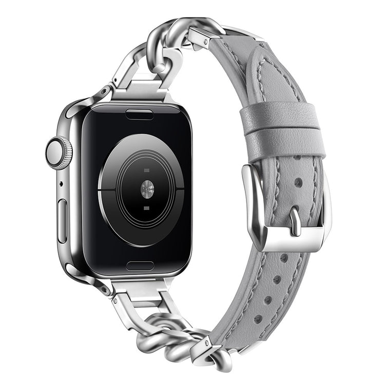 Watch Band Apple Watch Series 41mm - 40mm - 38mm Genuine Cow Leather Strap - Grey + Silver#serie_13
