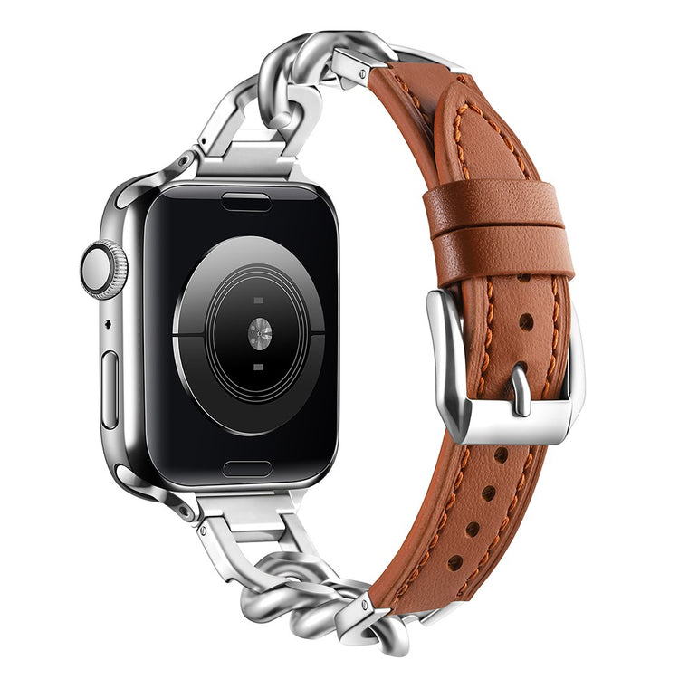 Watch Band Apple Watch Series 41mm - 40mm - 38mm Genuine Cow Leather Strap - Brown + Silver#serie_15