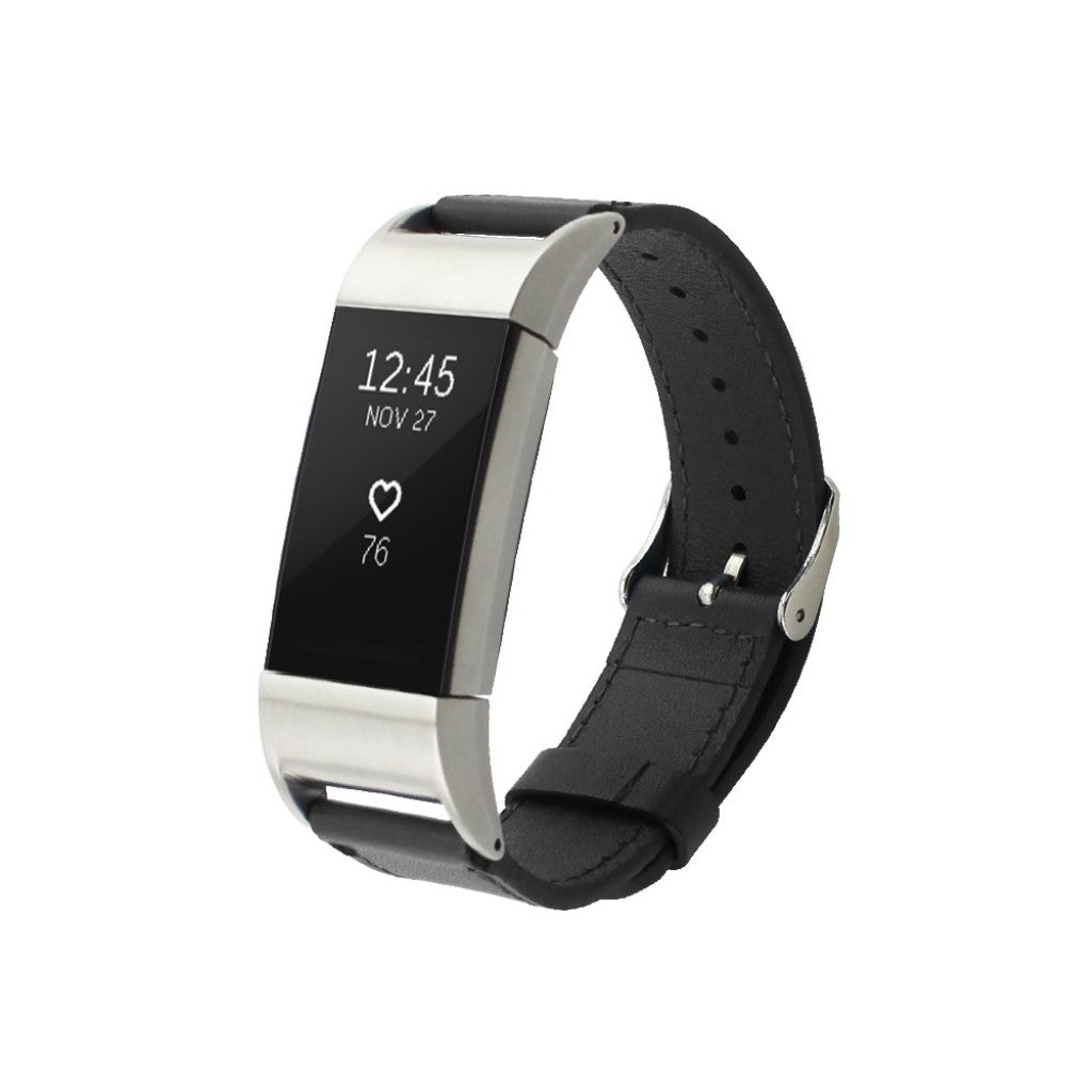 Super holdbart Fitbit Charge 2 Ægte læder Rem - Sort#serie_6