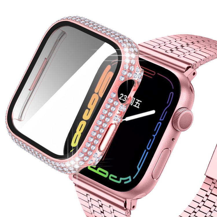 Mega Fint Apple Watch Series 7 45mm Cover med Skærmbeskytter i Plastik og Rhinsten - Pink#serie_2