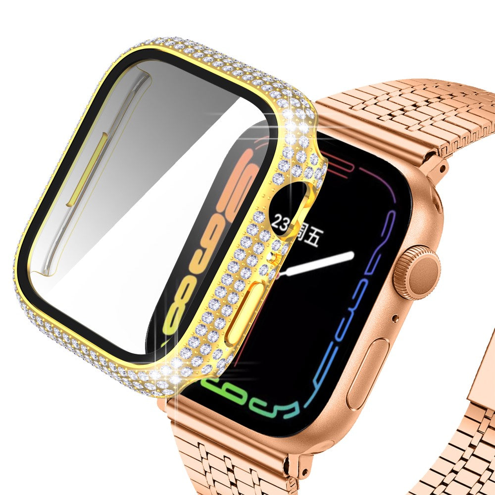 Mega Fint Apple Watch Series 7 45mm Cover med Skærmbeskytter i Plastik og Rhinsten - Guld#serie_4