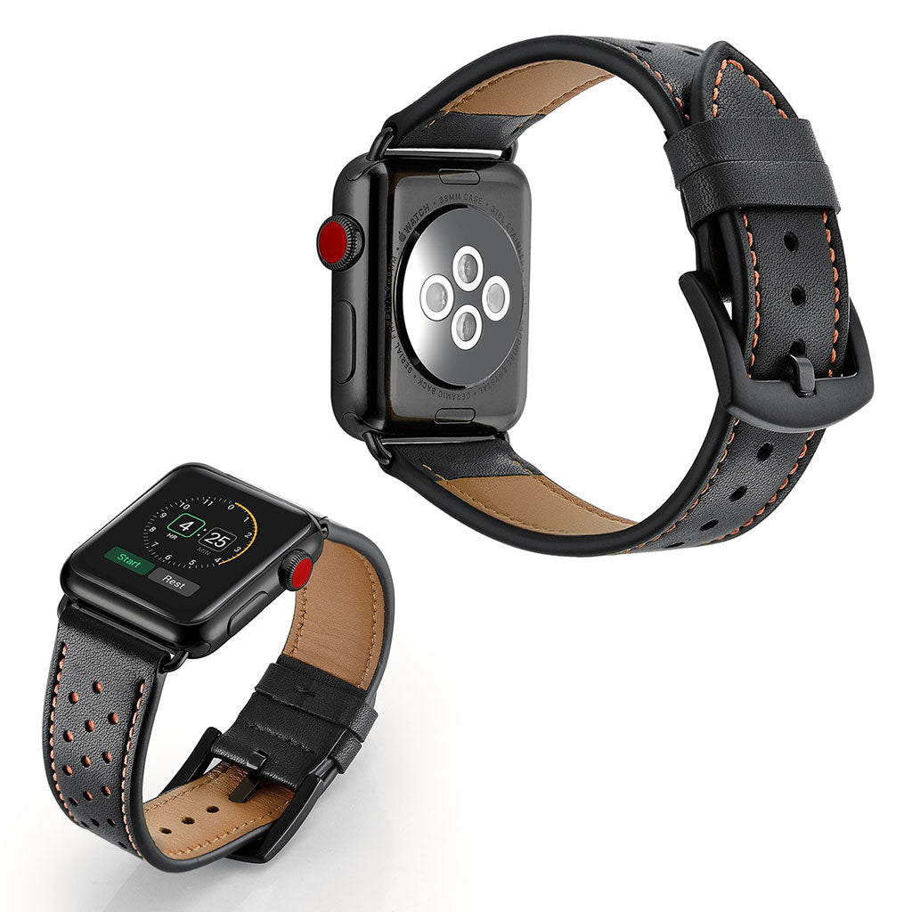  Apple Watch Series 5 44mm / Apple Watch 44mm Ægte læder Rem - Sort#serie_3