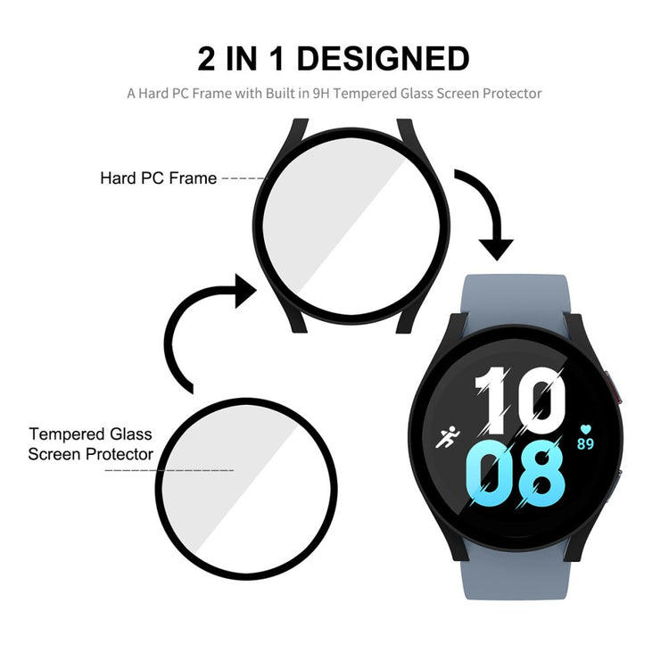 Flot Samsung Galaxy Watch 5 (44mm) Cover med Skærmbeskytter i Plastik og Hærdet Glas - Sølv#serie_2