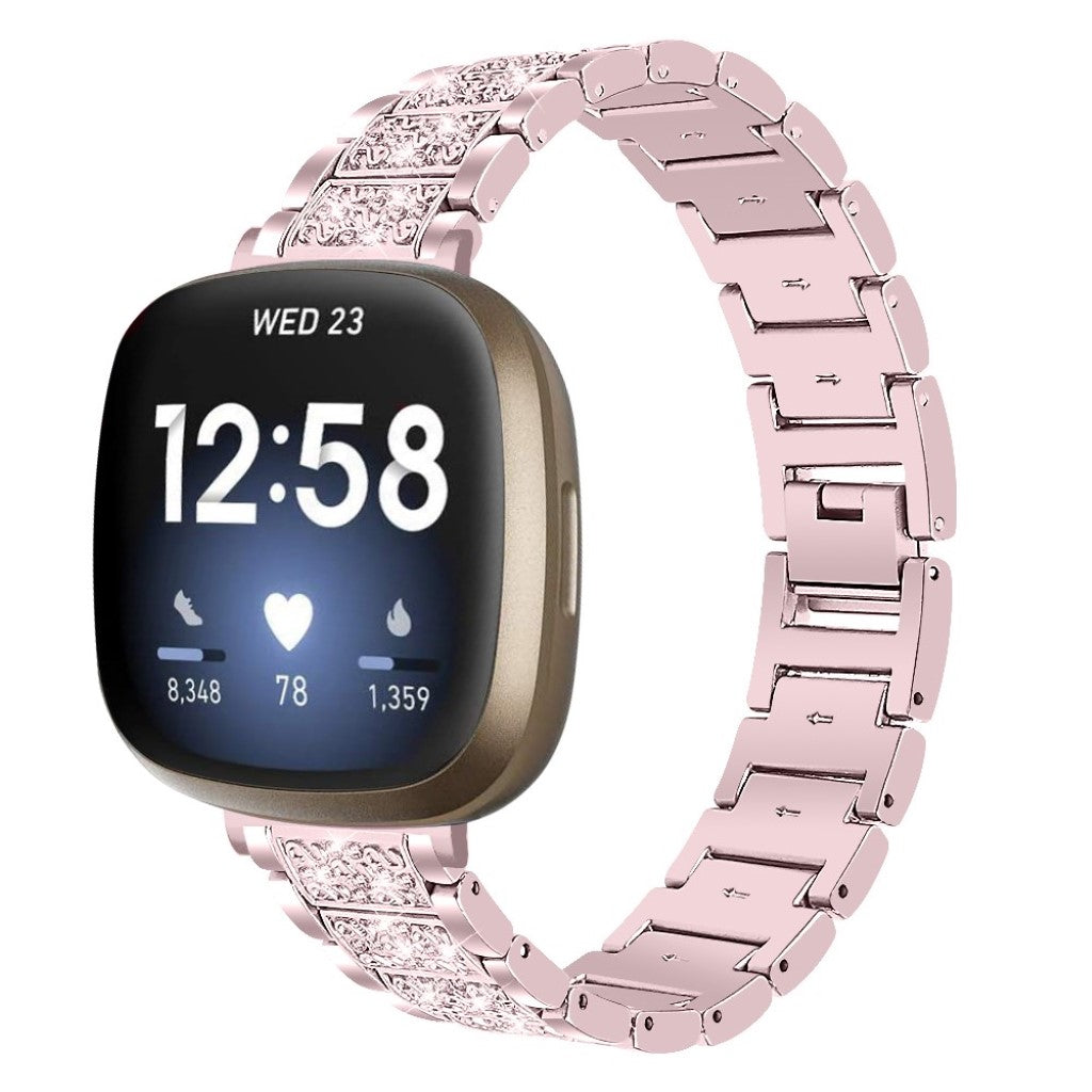 Stilren Fitbit Versa 3 / Fitbit Sense Metal og Rhinsten Rem - Pink#serie_3